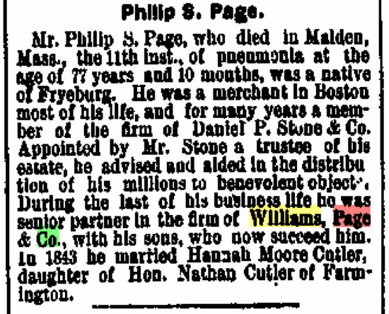Report of Phillip Page's Passing, from Portland {Maine} Daily Press, Tuesday January 14, 1890. 