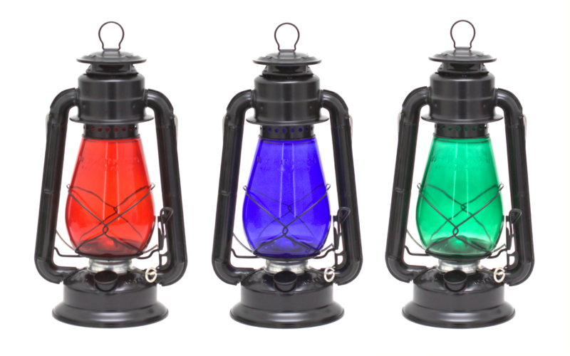 W.T.Kirkman Lanterns Little Champ Black over Galvanized with Red Green and Blue Annealed Globes