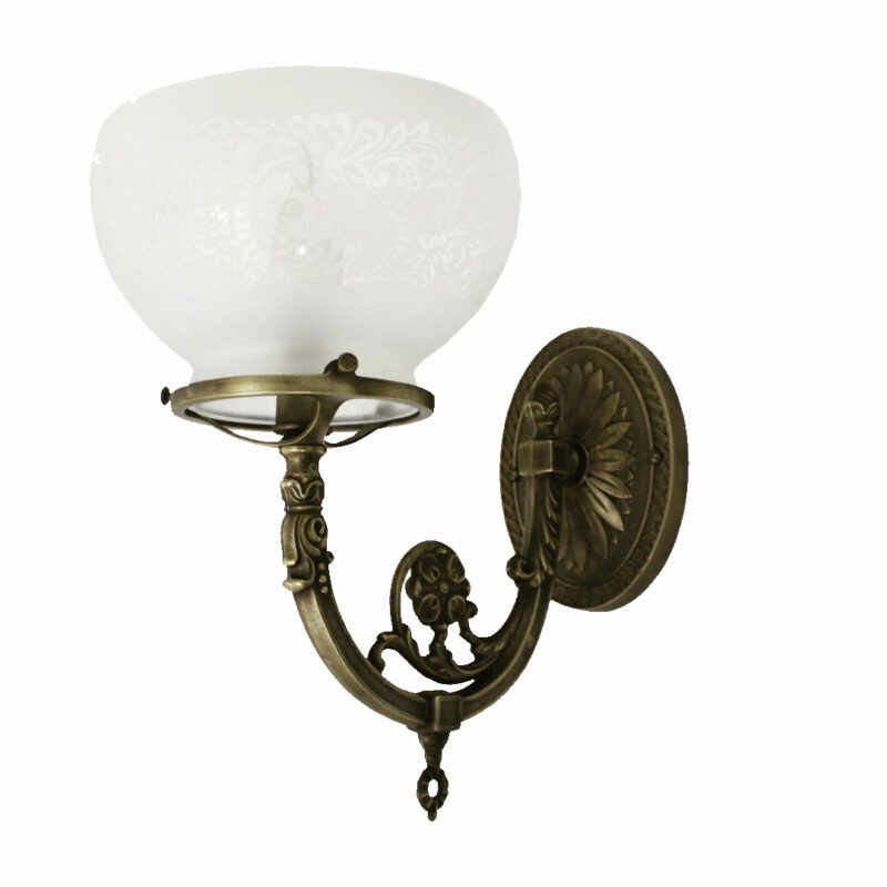 W.T.Kirkman Lanterns "Humboldt" Gas Wall Lamp with Antique Brass Finish and Etched Bowl Shade