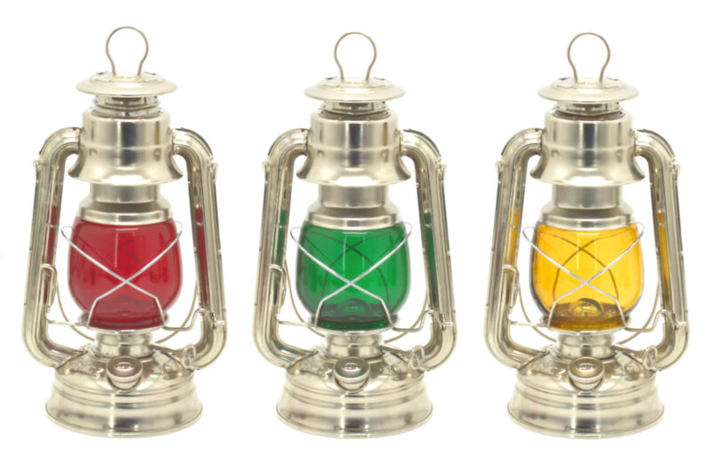 Dietz #76 Nickel Plated Lanterns with Red, Amber, and Green Globes